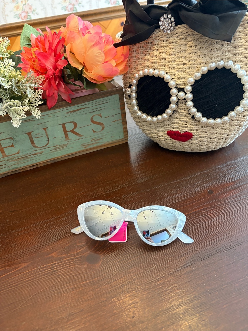 Betsey Johnson White Marble Cat Eye Sunglasses with Silver Mirrored Lenses